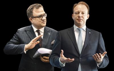CEL W
KOMINIE: Cel biznesowy Pawła Surówki (z prawej), prezesa PZU i szefa rady
nadzorczej banku, od którego zależy jego premia, to wprowadzenie kominówki w
grupie. Pekao, którym kieruje Michał Krupiński, wciąż jest poza zasięgiem
komina.