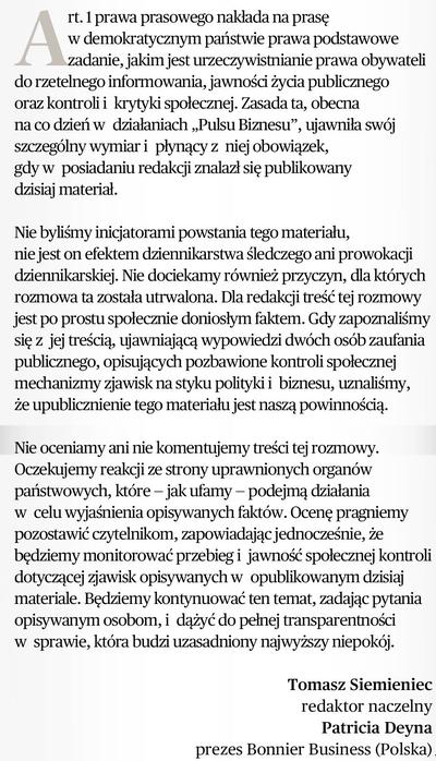 Oświadczenie redaktora naczelnego "PB" i prezes Bonnier Business Polska