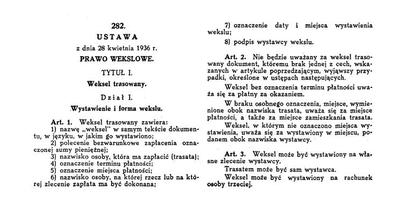Prawo wekslowe, pierwsza strona ustawy
