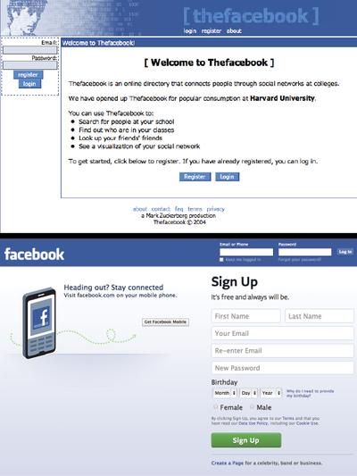 Ekran logowania do Facebooka 10 lat temu i obecnie.