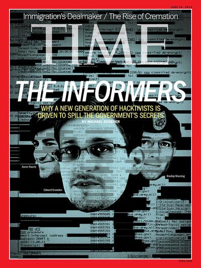 Okładka najnowszego numeru magazynu "Time". Edward Snowden przekazał dziennikom "The Guardian" i "The Washington Post" informacje o programie inwigilacyjnym prowadzonym przez NSA. Według doniesień informatyka dane są zbierane z serwerów takich firm jak Microsoft, Apple czy Google FOT. time.com