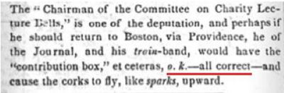 Fragment strony gazety Boston Morning Post, w której po raz pierwszy użyto w druku określenia "o.k."; 23 marca 1839 r.