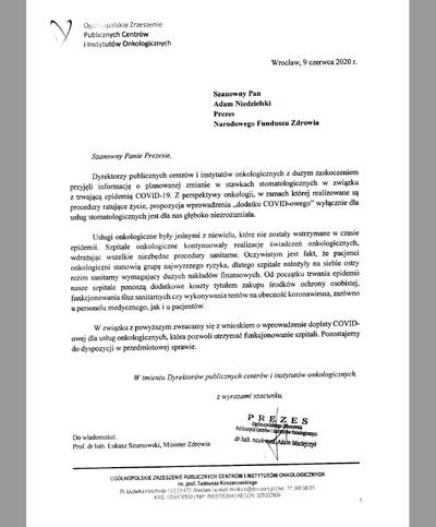 Pismo Ogólnopolskiego Zrzeszenia Publicznych Centrów i Instytutów Onkologicznych skierowane do prezesa Narodowego Funduszu Zdrowia