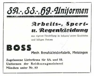 Ogłoszenie w gazecie o mundurach dla SA, SS i Hitlerjugend szytych przez Hugo Bossa (1933)