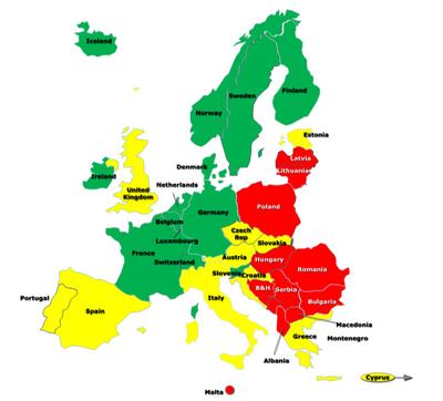 Europejski Indeks Zdrowia - Euro Health Consumer Index (EHCI) Na czerwono zaznaczone są państwa z najsłabsza służba zdrowia, na żółto - te, które najlepiej wypadły w tegorocznym rankingu (źródło: EHCI 2014)