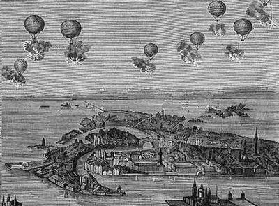 Atak balonowy na Wenecję na rycinie z epoki (1849).