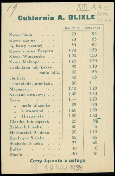 Menu cukierni Blikle z dn. 19. maja 1933 r.