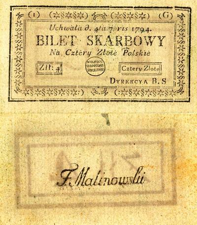 Bilet skarbowy z 1794 r., drukowany w Warszawie i emitowany podczas insurekcji kościuszkowskiej, wartości 4 złotych polskich.