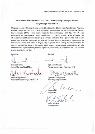 Wspólne oświadczenie PLL LOT S.A. i Międzyzwiązkowego Komitetu Strajkowego PLL LOT S.A.