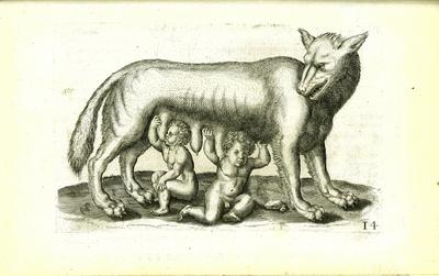 Romulus i Remus oraz ich wilczyca karmicielka w wersji dla niepełnoletnich.