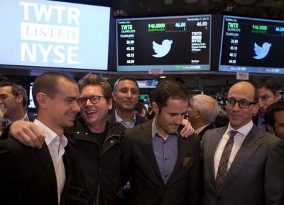 Jack Dorsey, co-founder of Twitter Inc. and founder and chief executive officer of Square, from left, Christopher Isaac "Biz" Stone, co-founder of Twitter, Evan Williams, co-founder of Twitter, and Richard "Dick" Costolo, chief executive officer of Twitter (fot. Bloomberg)